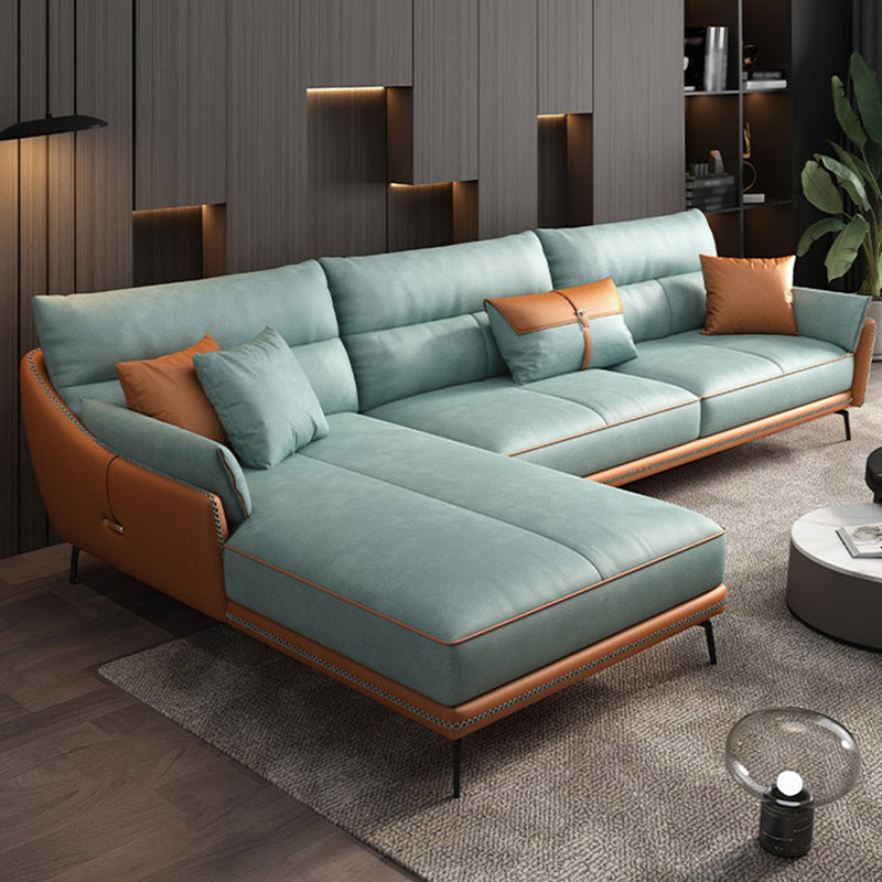Blue and Orange Pillow Top Arm Sectional Sofa 35.43"H Slipcovered Cushion Back Sofa 98"L x 71"W x 35"H Latex Clearhalo 'furn' 'furn_sectionals' 'Furniture' 'furniture_sectionals' 'Living Room Furniture' 'Sectionals' 4946516