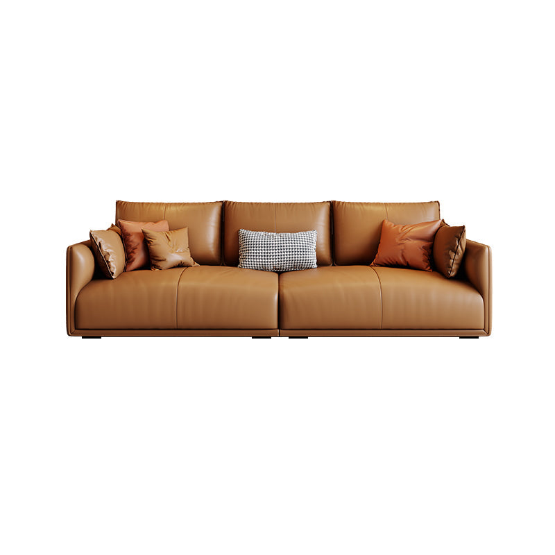 Mid-Century Modern Pillow Top Arm Sectional 33.46"H Cushion Back Sofa,Tan 114"L x 35"W x 33.5"H Faux Leather Clearhalo 'furn' 'furn_sectionals' 'Furniture' 'furniture_sectionals' 'Living Room Furniture' 'Sectionals' 4946588
