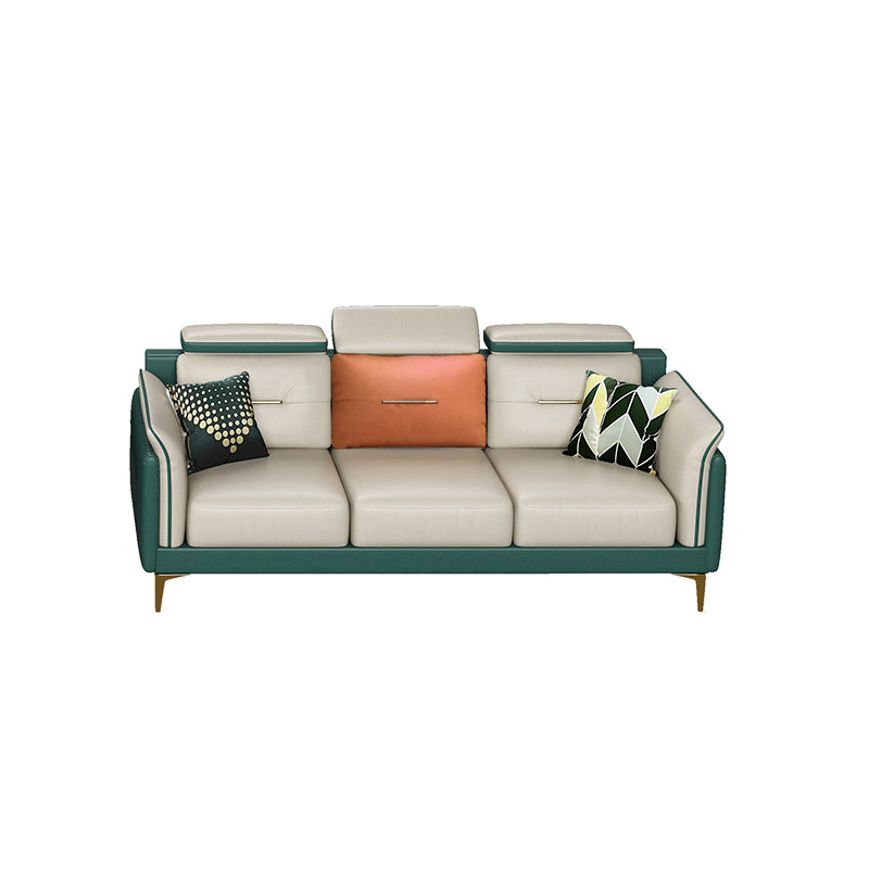Stain-Resistant Faux Leather Sofa Living Room Green and Beige Couch with Flared Arms 85"L x 35"W x 37"H Sponge Clearhalo 'furn' 'furn_sofas' 'Furniture' 'furniture_sofas' 'Living Room Furniture' 'Sofa' 'sofas' 4946757