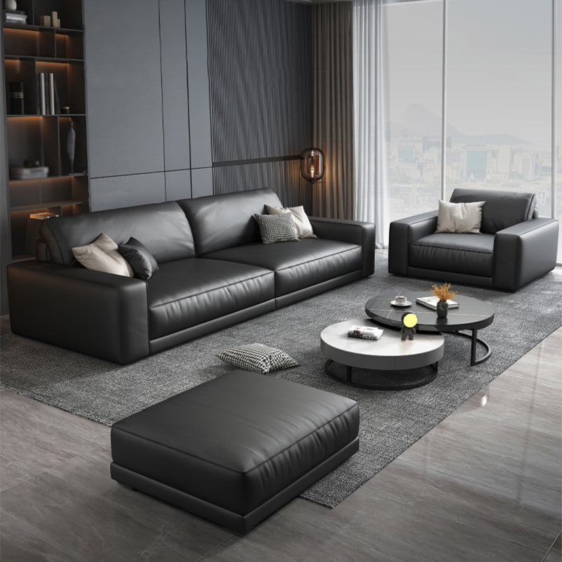 Stain-Resistant Faux Leather Sofa Square Arm Cushion Back Couch, Black Clearhalo 'furn' 'furn_sofas' 'Furniture' 'furniture_sofas' 'Living Room Furniture' 'Sofa' 'sofas' 4946786