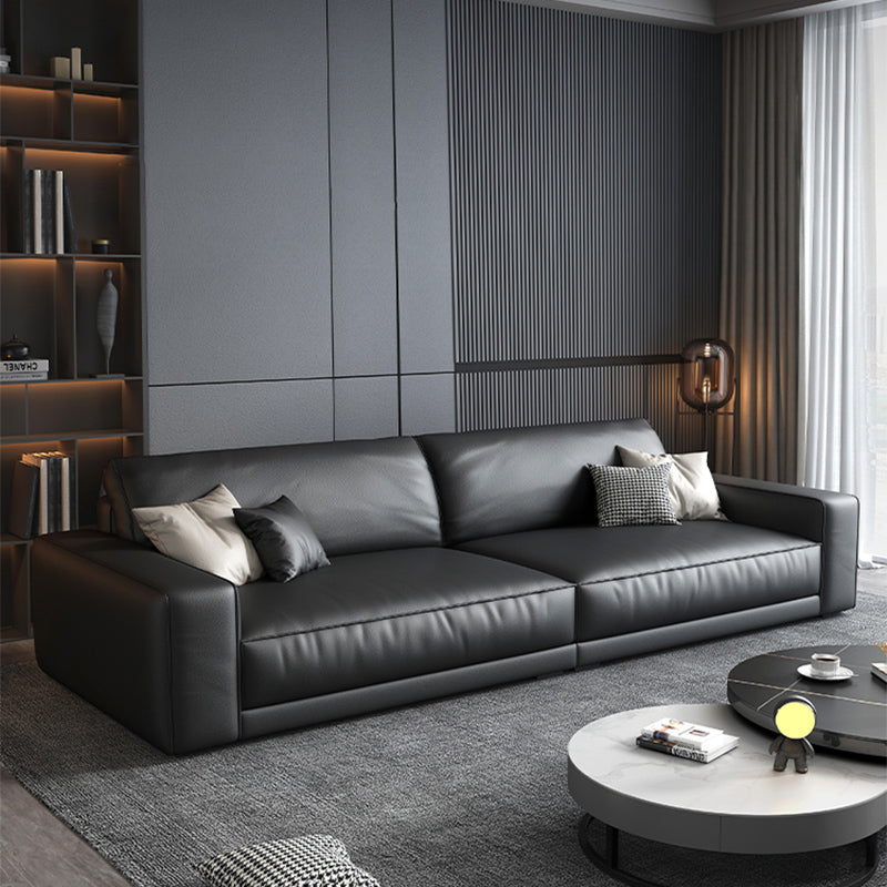 Stain-Resistant Faux Leather Sofa Square Arm Cushion Back Couch, Black 110"L x 39"W x 22"H Latex Clearhalo 'furn' 'furn_sofas' 'Furniture' 'furniture_sofas' 'Living Room Furniture' 'Sofa' 'sofas' 4946794