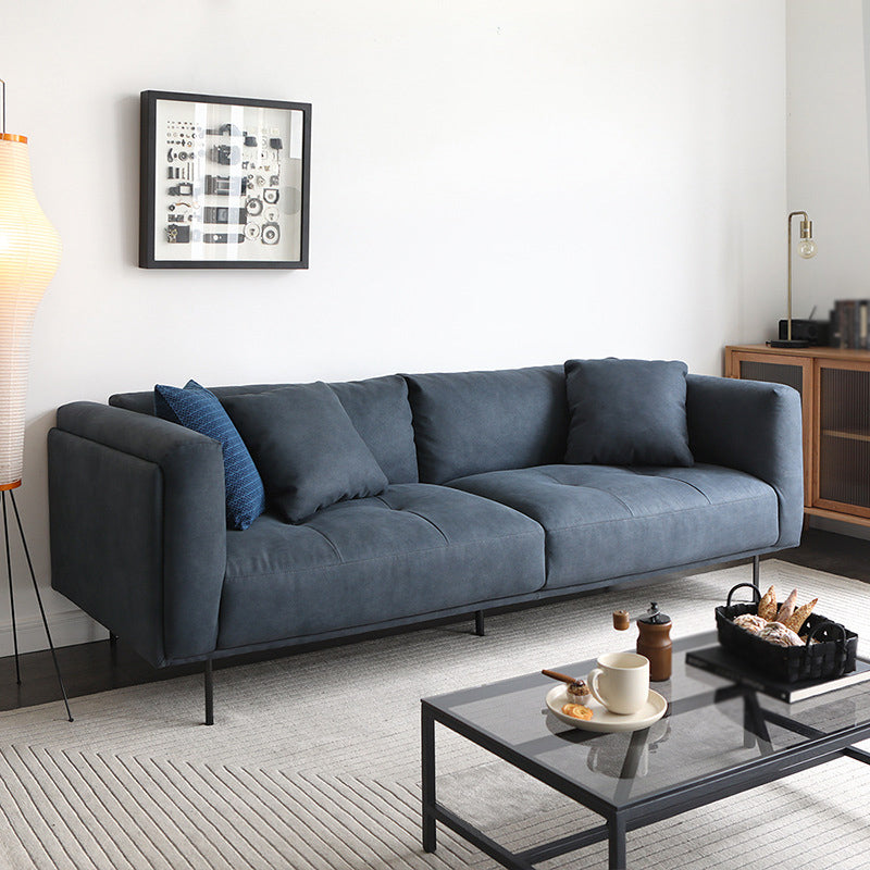 Contemporary Loose Back Standard Sofa Faux Leather Square Arm Settee 110"L x 37"W x 31.5"H Dark Blue Clearhalo 'furn' 'furn_sofas' 'Furniture' 'furniture_sofas' 'Living Room Furniture' 'Sofa' 'sofas' 4946800