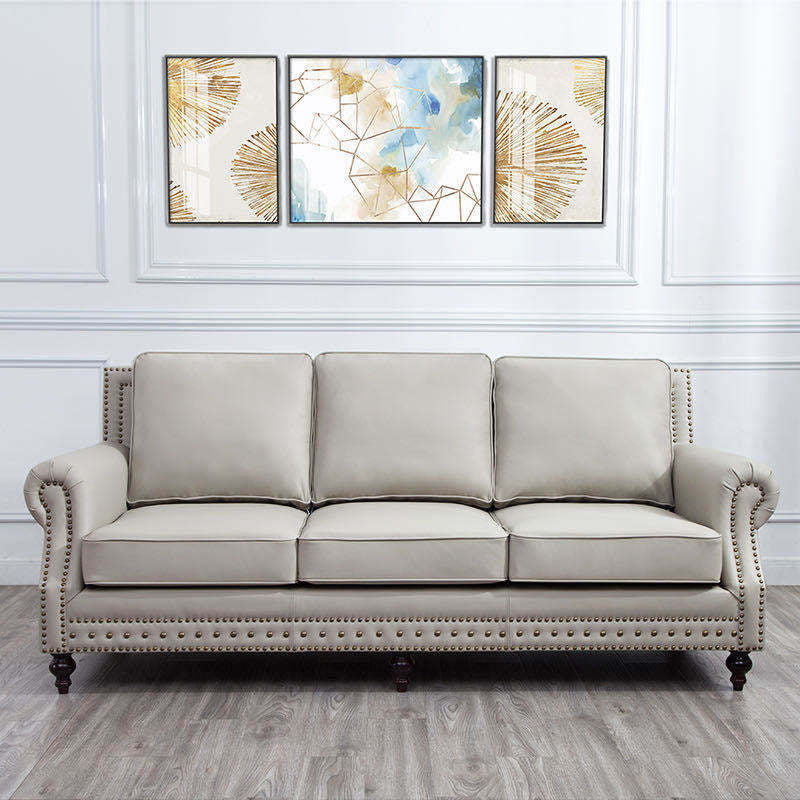 Traditional Rolled Arm Sofa with Nailhead Trim Cushion Back Couch for Three People Light Gray-White Faux Leather Clearhalo 'furn' 'furn_sofas' 'Furniture' 'furniture_sofas' 'Living Room Furniture' 'Sofa' 'sofas' 4946814