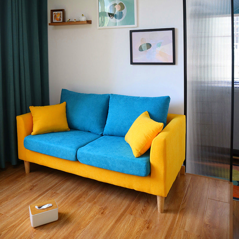 Scandinavian Cotton Blend Settee Square Arm Loveseat with Removable Cushions 48"L x 27.5"W x 31.5"H Blue-Yellow Clearhalo 'furn' 'furn_sofas' 'Furniture' 'furniture_sofas' 'Living Room Furniture' 'Sofa' 'sofas' 4946891