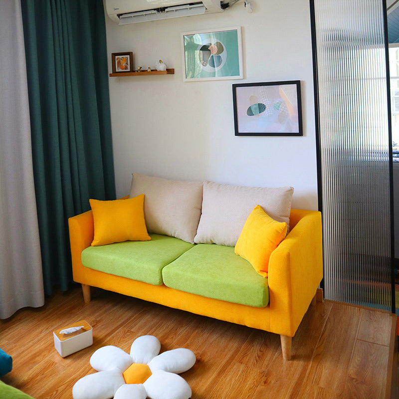 Scandinavian Cotton Blend Settee Square Arm Loveseat with Removable Cushions Yellow-Green-Grey Clearhalo 'furn' 'furn_sofas' 'Furniture' 'furniture_sofas' 'Living Room Furniture' 'Sofa' 'sofas' 4946893