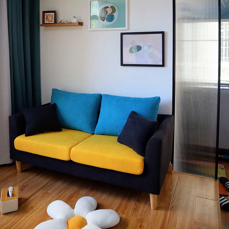 Scandinavian Cotton Blend Settee Square Arm Loveseat with Removable Cushions Black-Blue-Yellow Clearhalo 'furn' 'furn_sofas' 'Furniture' 'furniture_sofas' 'Living Room Furniture' 'Sofa' 'sofas' 4946898