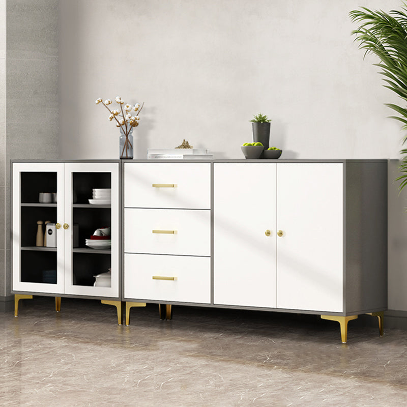 Engineered Wood Glam Buffet Stand Glass Doors Adjustable Shelving Sideboard Cabinet Gray-White 83"L x 14"W x 35"H Clearhalo 'buffet_sideboard' 'Buffets & Sideboards' 'Furniture' 'furniture_buffet_sideboard' 'Kitchen & Dining Furniture' 4948893