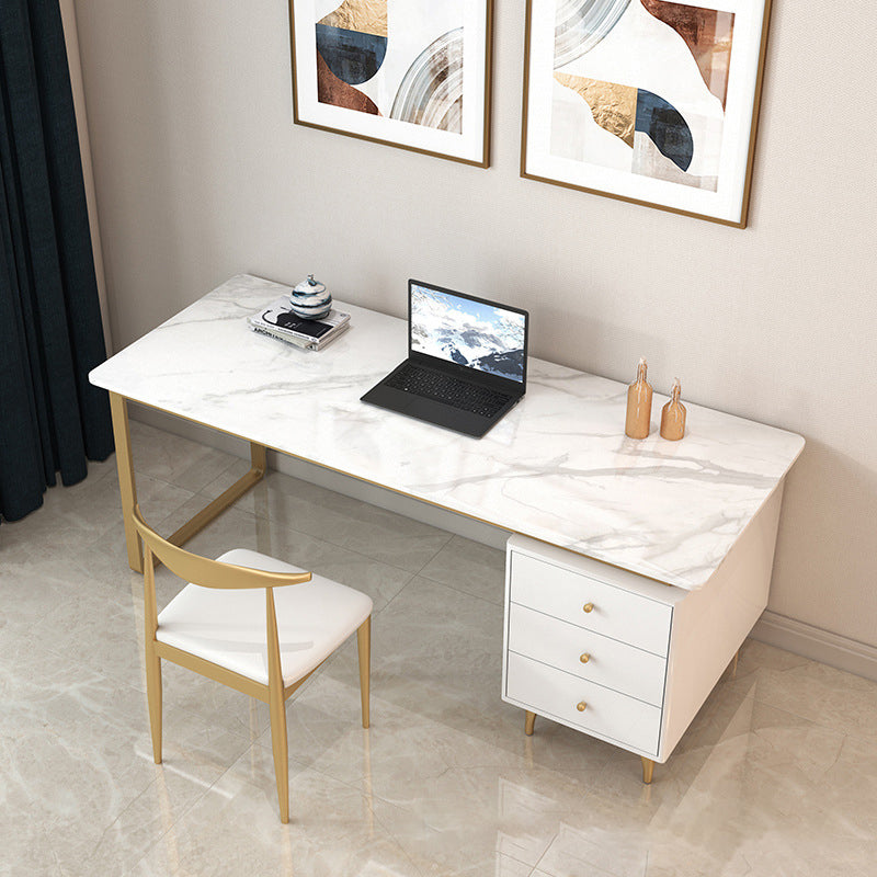 Metal Base Writing Desk Glam Style Office Desk with 3-drawer White Clearhalo 'Furniture' 'furniture_office_desk' 'Office Desks' 'Office Furniture' 'office_desk' 4950174