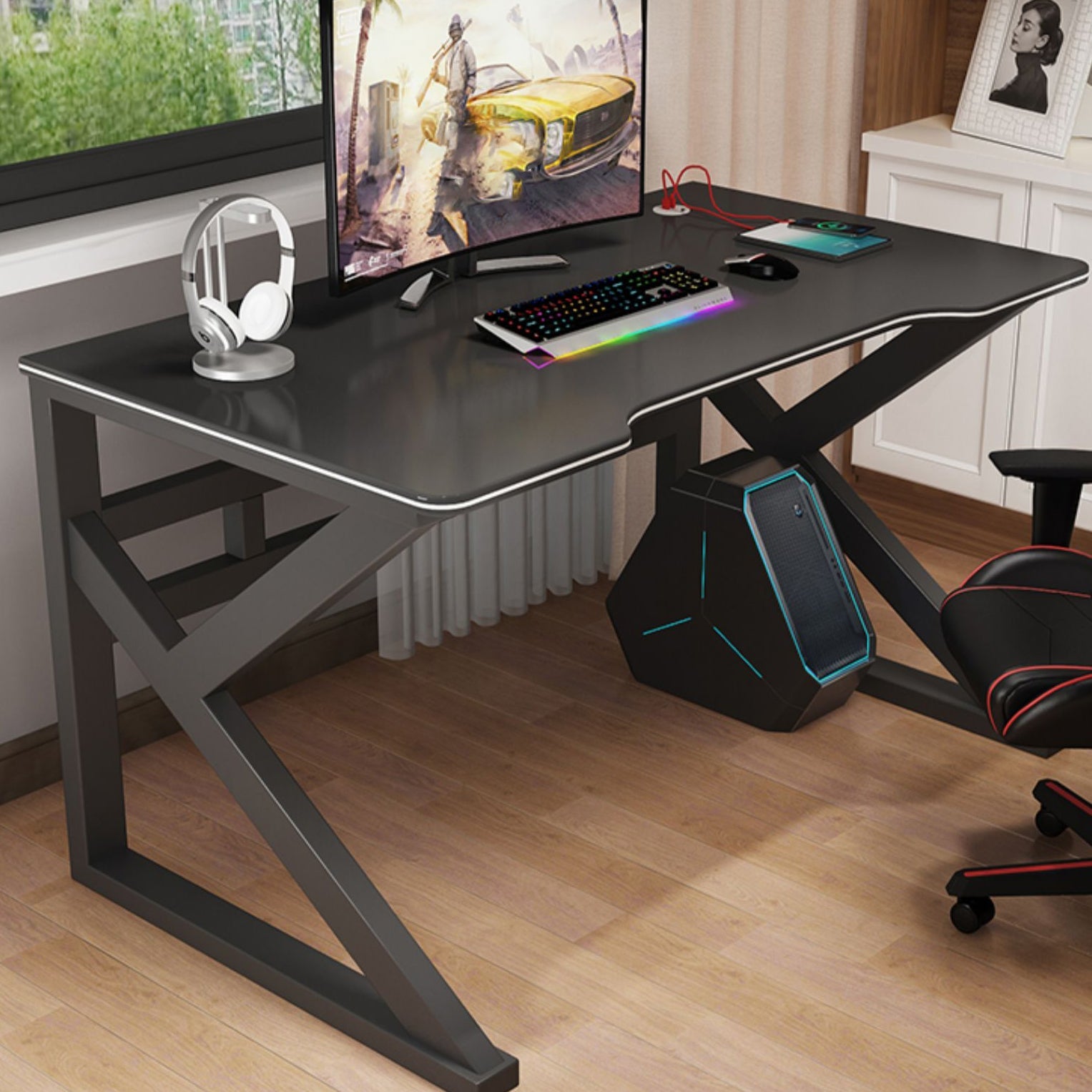 Modern Free Form Computer Desk Manufactured Wood Trestle Base Desk Clearhalo 'Furniture' 'furniture_office_desk' 'Office Desks' 'Office Furniture' 'office_desk' 4950295