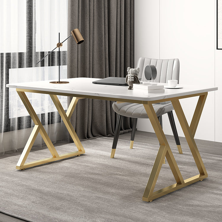 Rectangular Sintered Stone Desk with Gold Legs in Modern Style 63"L x 27.6"W x 29.5"H No Drawer Clearhalo 'Furniture' 'furniture_office_desk' 'Office Desks' 'Office Furniture' 'office_desk' 4950306
