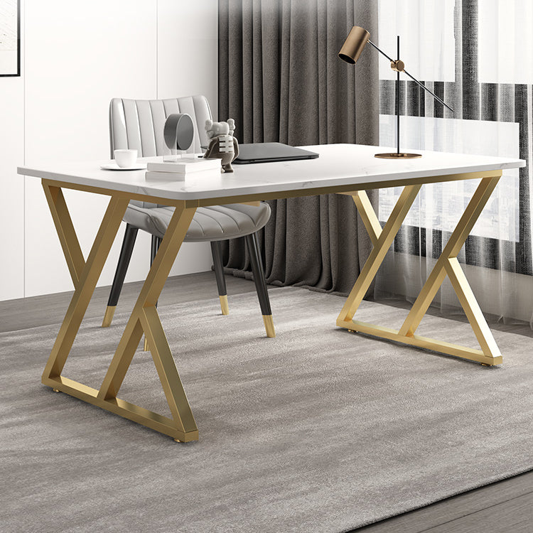 Rectangular Sintered Stone Desk with Gold Legs in Modern Style 55.1"L x 27.6"W x 29.5"H No Drawer Clearhalo 'Furniture' 'furniture_office_desk' 'Office Desks' 'Office Furniture' 'office_desk' 4950307
