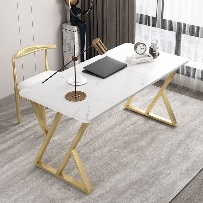 Rectangular Sintered Stone Desk with Gold Legs in Modern Style Clearhalo 'Furniture' 'furniture_office_desk' 'Office Desks' 'Office Furniture' 'office_desk' 4950316