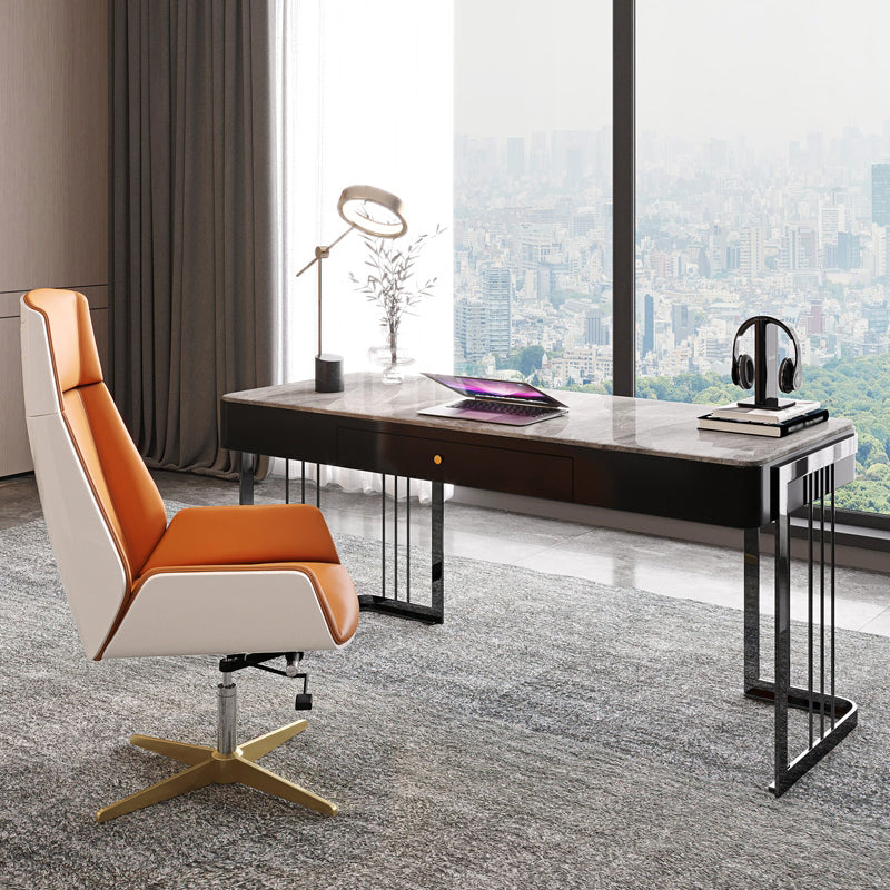 Contemporary Curved Writing Desk Stone Office Desk with Drawer Black-Gray 39.4"L x 23.6"W x 29.5"H Clearhalo 'Furniture' 'furniture_office_desk' 'Office Desks' 'Office Furniture' 'office_desk' 4950397