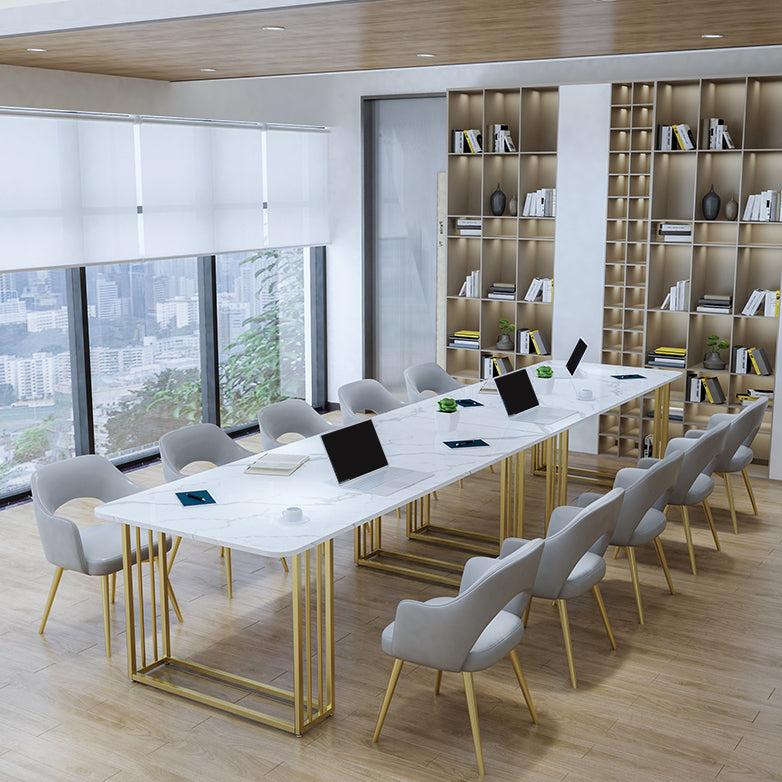 Glam Style Marble Writing Desk Rectangular Sled Base Office Desk White-Gold 78.7"L x 31.5"W x 29.5"H Clearhalo 'Furniture' 'furniture_office_desk' 'Office Desks' 'Office Furniture' 'office_desk' 4950424