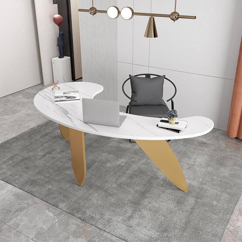 Free Form Contemporary Writing Desk Sintered Stone Pedestal Base Desk White-Gold Clearhalo 'Furniture' 'furniture_office_desk' 'Office Desks' 'Office Furniture' 'office_desk' 4950581