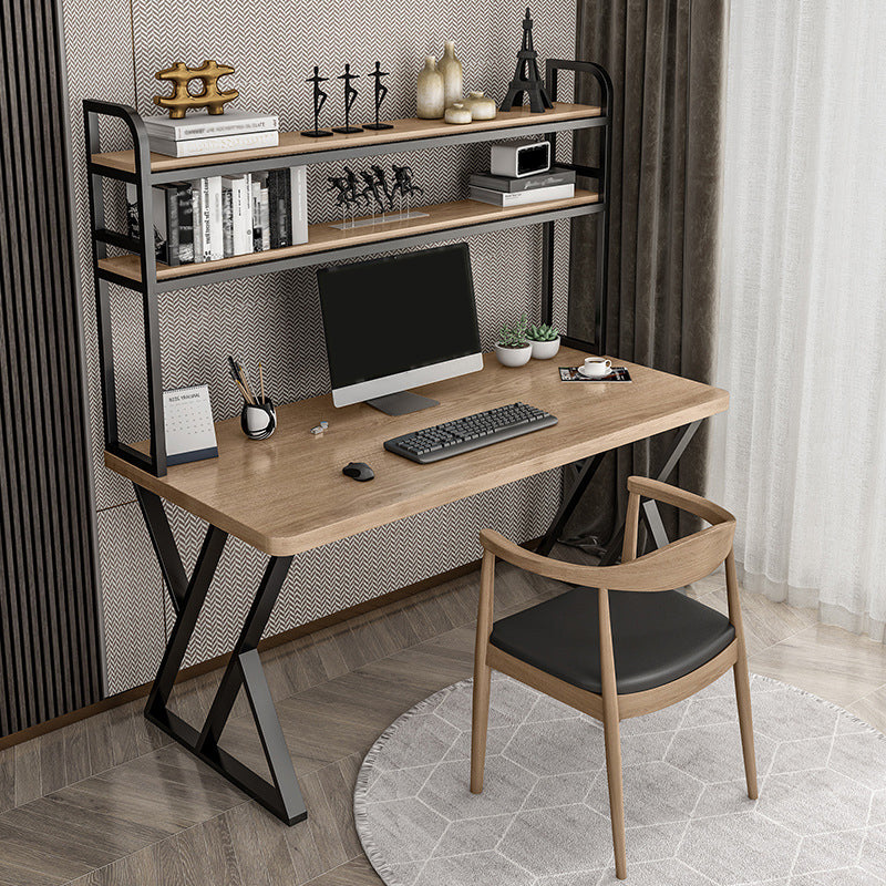 Rectangular Bedroom Desk Modern Style Desk with Solid Wood Top and Metal Legs Brown 55.1"L x 23.6"W x 29.5"H Shelves Clearhalo 'Furniture' 'furniture_office_desk' 'Office Desks' 'Office Furniture' 'office_desk' 4950684