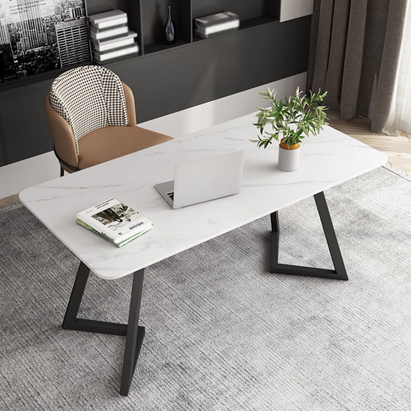 Curved Modern Style Working Table Sintered Stone Writing Table White-Black 55.1"L x 31.5"W x 29.5"H Clearhalo 'Furniture' 'furniture_office_desk' 'Office Desks' 'Office Furniture' 'office_desk' 4950863