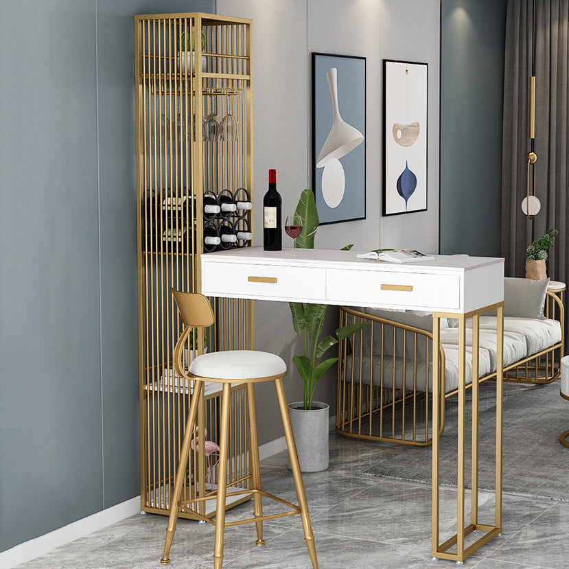 2-Drawer Modern Steel Bar Dining Table White Stone Top Indoor Bistro Table with Wine Rack 47.2"L x 15.7"W x 41.3"H Gold Without Chairs Clearhalo 'Bar Furniture' 'Bar Tables' 'bar_tables' 'furn' 'furn_bar_tables' 'Furniture' 'furniture_bar_tables' 'Kitchen & Dining Furniture' 4952394