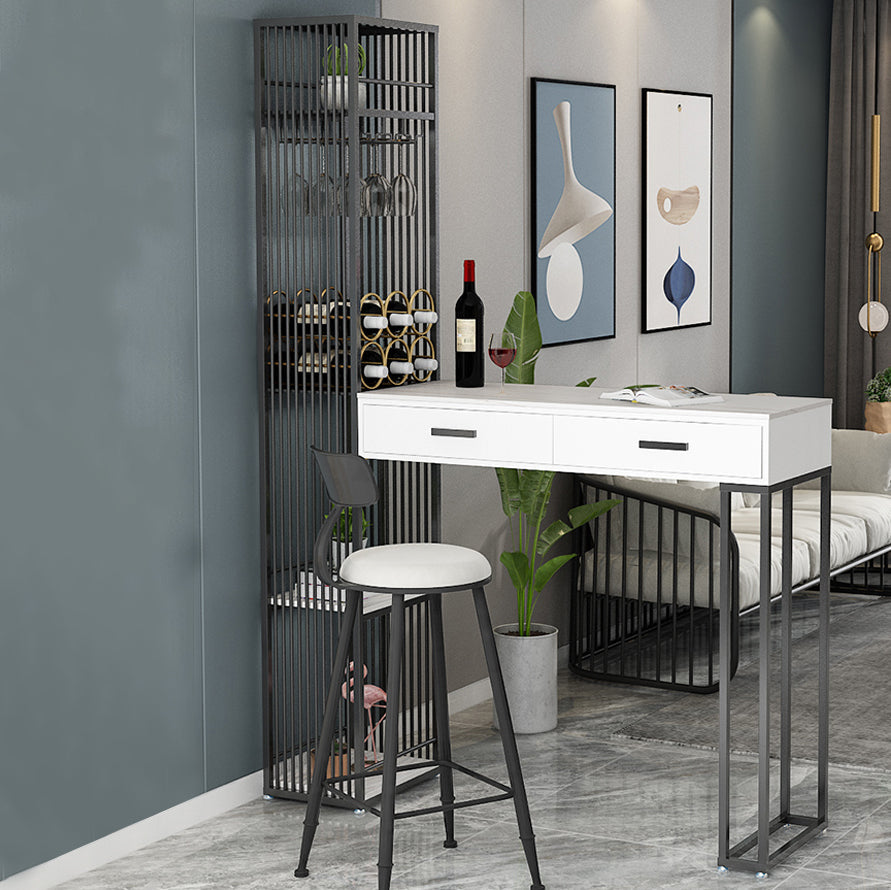2-Drawer Modern Steel Bar Dining Table White Stone Top Indoor Bistro Table with Wine Rack Black Without Chairs Clearhalo 'Bar Furniture' 'Bar Tables' 'bar_tables' 'furn' 'furn_bar_tables' 'Furniture' 'furniture_bar_tables' 'Kitchen & Dining Furniture' 4952395