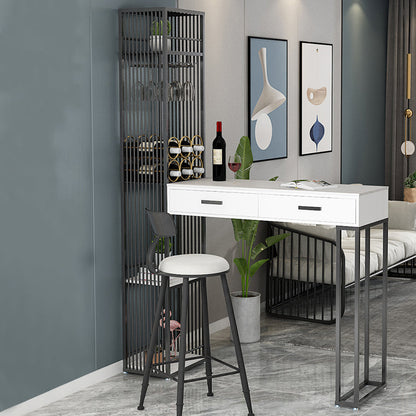 2-Drawer Modern Steel Bar Dining Table White Stone Top Indoor Bistro Table with Wine Rack Black Without Chairs Clearhalo 'Bar Furniture' 'Bar Tables' 'bar_tables' 'furn' 'furn_bar_tables' 'Furniture' 'furniture_bar_tables' 'Kitchen & Dining Furniture' 4952395