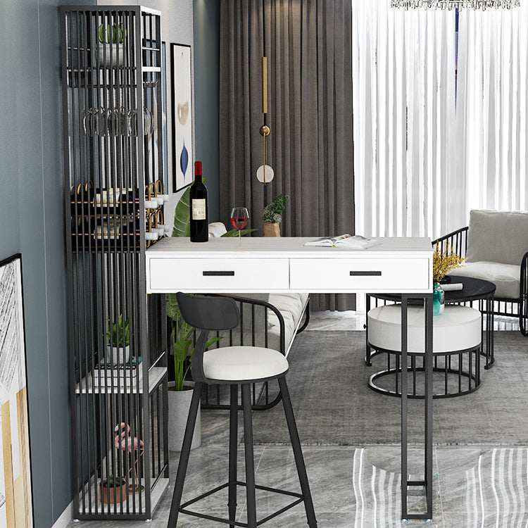 2-Drawer Modern Steel Bar Dining Table White Stone Top Indoor Bistro Table with Wine Rack 43.3"L x 15.7"W x 41.3"H Black Without Chairs Clearhalo 'Bar Furniture' 'Bar Tables' 'bar_tables' 'furn' 'furn_bar_tables' 'Furniture' 'furniture_bar_tables' 'Kitchen & Dining Furniture' 4952397
