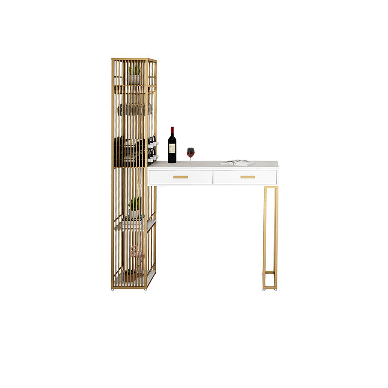 2-Drawer Modern Steel Bar Dining Table White Stone Top Indoor Bistro Table with Wine Rack Gold Without Chairs Clearhalo 'Bar Furniture' 'Bar Tables' 'bar_tables' 'furn' 'furn_bar_tables' 'Furniture' 'furniture_bar_tables' 'Kitchen & Dining Furniture' 4952398