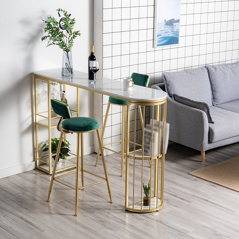 Stone Bar Dining Table Glam Bar Table with Double Pedestal for Dining Room Porch 63"L x 15.7"W x 41.3"H Gold Without Chairs Clearhalo 'Bar Furniture' 'Bar Tables' 'bar_tables' 'furn' 'furn_bar_tables' 'Furniture' 'furniture_bar_tables' 'Kitchen & Dining Furniture' 4952412