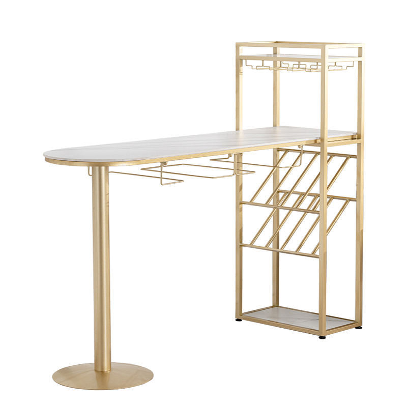 White Stone Bar Table Contemporary Bar Dining Table with Sled Base Gold Without Chairs Clearhalo 'Bar Furniture' 'Bar Tables' 'bar_tables' 'furn' 'furn_bar_tables' 'Furniture' 'furniture_bar_tables' 'Kitchen & Dining Furniture' 4952516