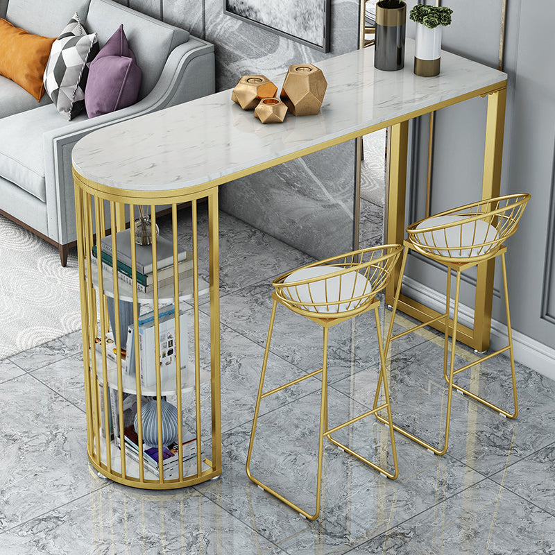 Glam Gold Iron Bar Dining Table White Stone Top Indoor Bistro Table with Shelf 78.7"L x 15.7"W x 41.3"H Faux Marble Without Chairs Clearhalo 'Bar Furniture' 'Bar Tables' 'bar_tables' 'furn' 'furn_bar_tables' 'Furniture' 'furniture_bar_tables' 'Kitchen & Dining Furniture' 4952600