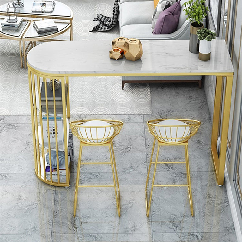Glam Gold Iron Bar Dining Table White Stone Top Indoor Bistro Table with Shelf 63"L x 15.7"W x 41.3"H Faux Marble Without Chairs Clearhalo 'Bar Furniture' 'Bar Tables' 'bar_tables' 'furn' 'furn_bar_tables' 'Furniture' 'furniture_bar_tables' 'Kitchen & Dining Furniture' 4952602