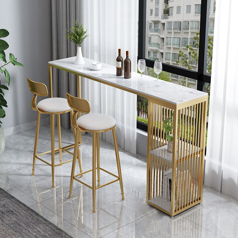 Contemporary Bar Dining Table Stone Rectangle Bar Table with Sled Base 63"L x 15.7"W x 41.3"H Gold Without Chairs Clearhalo 'Bar Furniture' 'Bar Tables' 'bar_tables' 'furn' 'furn_bar_tables' 'Furniture' 'furniture_bar_tables' 'Kitchen & Dining Furniture' 4952615