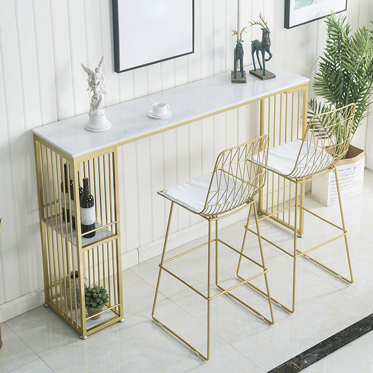 Glam Iron Bar Dining Table White Faux Marble Top Rectangle Indoor Bistro Table with Shelf 63"L x 15.7"W x 41.3"H Without Chairs Clearhalo 'Bar Furniture' 'Bar Tables' 'bar_tables' 'furn' 'furn_bar_tables' 'Furniture' 'furniture_bar_tables' 'Kitchen & Dining Furniture' 4952740