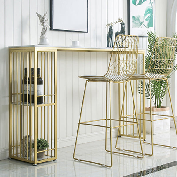 Glam Iron Bar Dining Table White Faux Marble Top Rectangle Indoor Bistro Table with Shelf 47.2"L x 15.7"W x 41.3"H Without Chairs Clearhalo 'Bar Furniture' 'Bar Tables' 'bar_tables' 'furn' 'furn_bar_tables' 'Furniture' 'furniture_bar_tables' 'Kitchen & Dining Furniture' 4952741