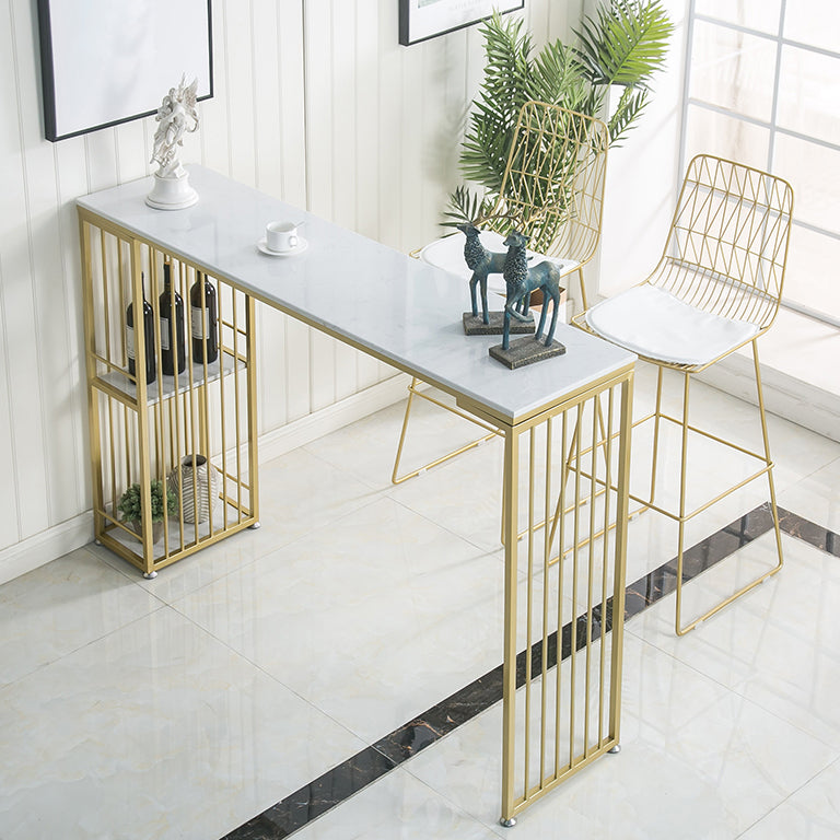 Glam Iron Bar Dining Table White Faux Marble Top Rectangle Indoor Bistro Table with Shelf 55.1"L x 15.7"W x 41.3"H Without Chairs Clearhalo 'Bar Furniture' 'Bar Tables' 'bar_tables' 'furn' 'furn_bar_tables' 'Furniture' 'furniture_bar_tables' 'Kitchen & Dining Furniture' 4952742