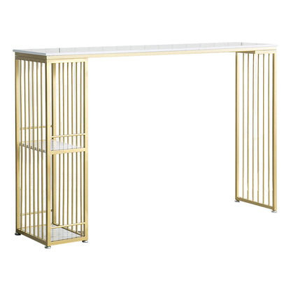 Glam Iron Bar Dining Table White Faux Marble Top Rectangle Indoor Bistro Table with Shelf 39.4"L x 15.7"W x 41.3"H Without Chairs Clearhalo 'Bar Furniture' 'Bar Tables' 'bar_tables' 'furn' 'furn_bar_tables' 'Furniture' 'furniture_bar_tables' 'Kitchen & Dining Furniture' 4952743