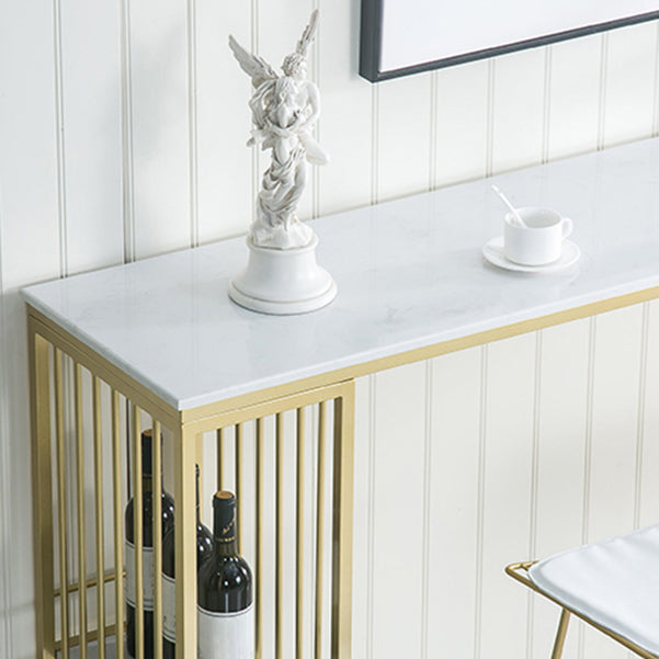 Glam Iron Bar Dining Table White Faux Marble Top Rectangle Indoor Bistro Table with Shelf Clearhalo 'Bar Furniture' 'Bar Tables' 'bar_tables' 'furn' 'furn_bar_tables' 'Furniture' 'furniture_bar_tables' 'Kitchen & Dining Furniture' 4952744