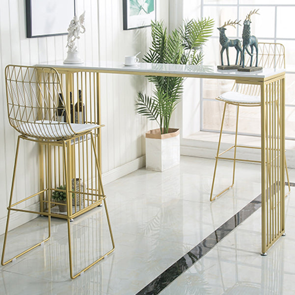 Glam Iron Bar Dining Table White Faux Marble Top Rectangle Indoor Bistro Table with Shelf Clearhalo 'Bar Furniture' 'Bar Tables' 'bar_tables' 'furn' 'furn_bar_tables' 'Furniture' 'furniture_bar_tables' 'Kitchen & Dining Furniture' 4952751