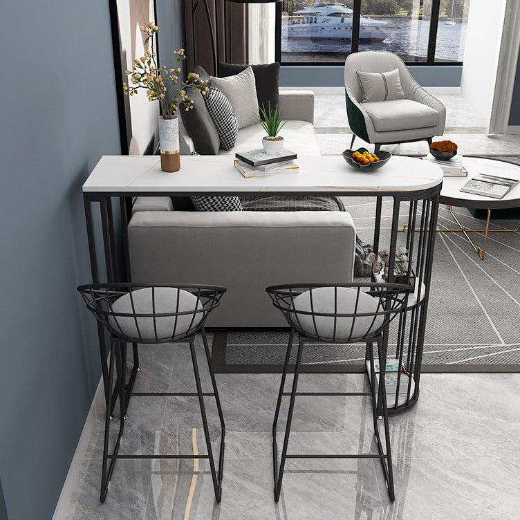Glam Iron Bistro Table Stone Top Indoor Bar Dining Table with Shelf Black-White Without Chairs Clearhalo 'Bar Furniture' 'Bar Tables' 'bar_tables' 'furn' 'furn_bar_tables' 'Furniture' 'furniture_bar_tables' 'Kitchen & Dining Furniture' 4952798