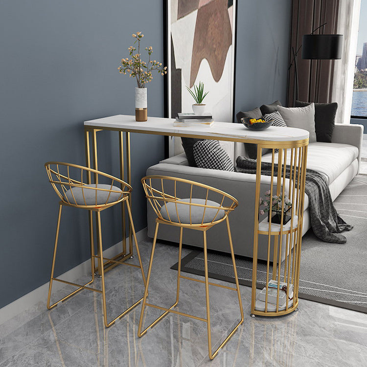 Glam Iron Bistro Table Stone Top Indoor Bar Dining Table with Shelf 78.7"L x 15.7"W x 41.3"H Gold-White Without Chairs Clearhalo 'Bar Furniture' 'Bar Tables' 'bar_tables' 'furn' 'furn_bar_tables' 'Furniture' 'furniture_bar_tables' 'Kitchen & Dining Furniture' 4952799