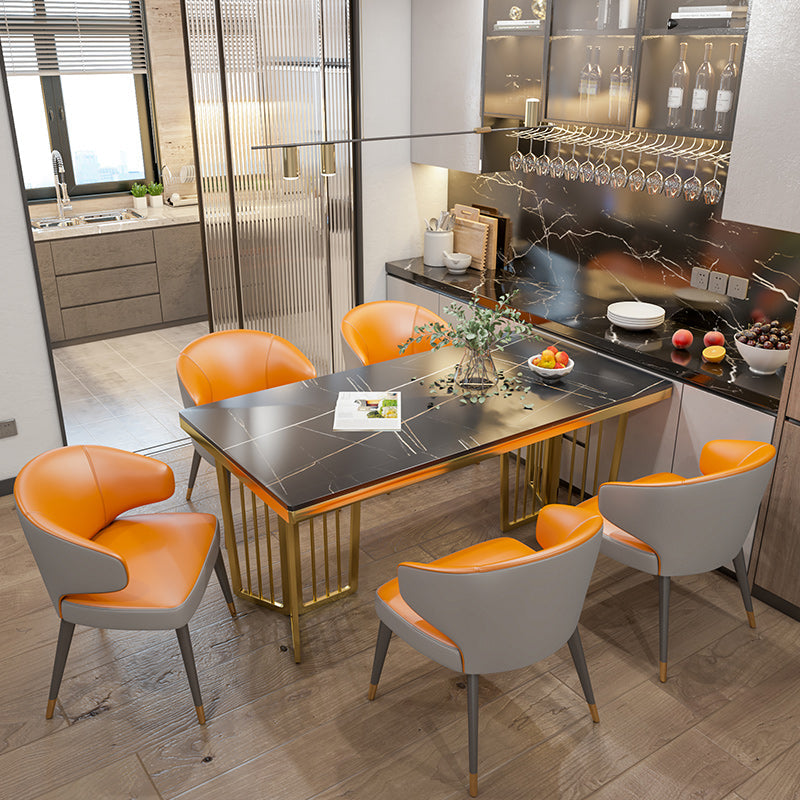 Glam 1/2/5/6/7 Pieces Gold Dinette Set with Sintered Stone Top Rectangle Dining Table Set 6 Pieces: Table, 5 Chairs Clearhalo 'Dining Room Sets' 'Dining Tables & Seating' 'dining_room_set' 'furn' 'furn_dining_room_set' 'Furniture' 'furniture_dining_room_set' 'Kitchen & Dining Furniture' 4954022