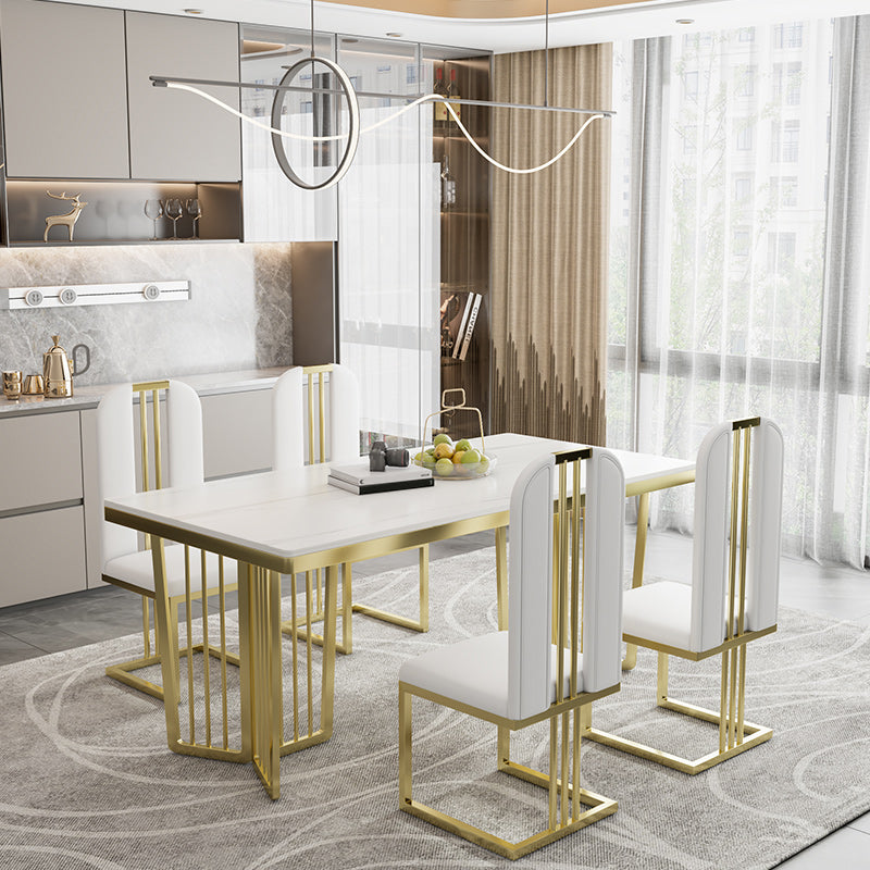 Glam 1/2/5/6/7 Pieces Gold Dinette Set with Sintered Stone Top Rectangle Dining Table Set 5 Pieces: White Table, 4 White Chairs Clearhalo 'Dining Room Sets' 'Dining Tables & Seating' 'dining_room_set' 'furn' 'furn_dining_room_set' 'Furniture' 'furniture_dining_room_set' 'Kitchen & Dining Furniture' 4954024