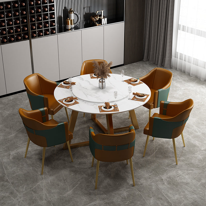 Glam 1/7 Pieces Dining Set Circular Stone Dining Table for Dining Room 7 Pieces: Table, 6 Brown Chairs Clearhalo 'Dining Room Sets' 'Dining Tables & Seating' 'dining_room_set' 'furn' 'furn_dining_room_set' 'Furniture' 'furniture_dining_room_set' 'Kitchen & Dining Furniture' 4954142