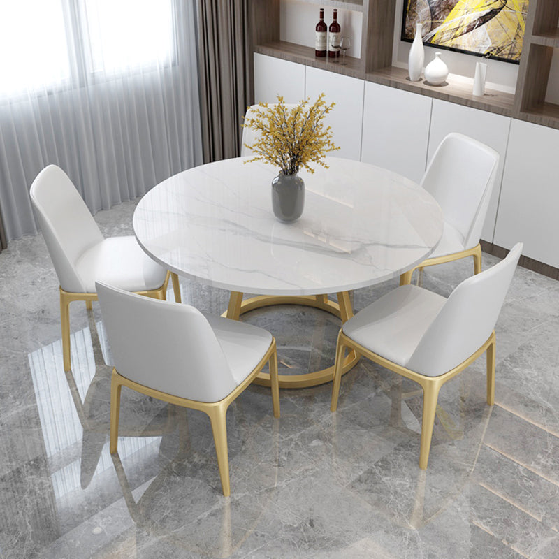 White Stone Top Dining Table Contemporary Dining Table with Pedestal Base Gold 53.1"L x 53.1"W x 29.5"H Without Chairs Clearhalo 'Dining Tables & Seating' 'Dining Tables' 'dining_table' 'furn' 'furn_dining_table' 'Furniture' 'furniture_dining_table' 'Kitchen & Dining Furniture' 'kitchen' 'kitchen_dining_table' 4954361