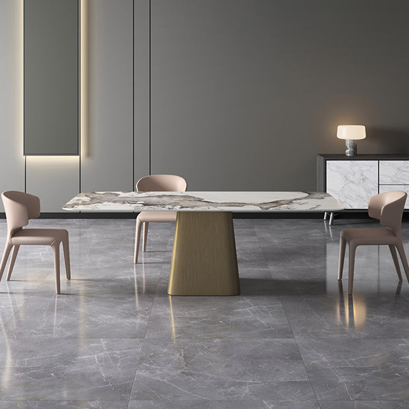 Rectangle Stone Dining Table Contemporary Dining Table with Pedestal Base Gold 55.1"L x 31.5"W x 29.5"H Without Chairs Clearhalo 'Dining Tables & Seating' 'Dining Tables' 'dining_table' 'furn' 'furn_dining_table' 'Furniture' 'furniture_dining_table' 'Kitchen & Dining Furniture' 'kitchen' 'kitchen_dining_table' 4954390