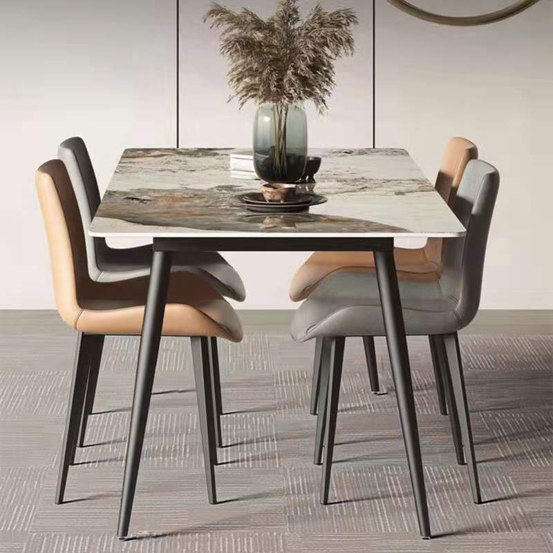 Stone Top Dining Table Rectangle Contemporary Dining Table with 4 Black Legs Pandora & Gold 63"L x 35.4"W x 29.5"H Without Chairs Clearhalo 'Dining Tables & Seating' 'Dining Tables' 'dining_table' 'furn' 'furn_dining_table' 'Furniture' 'furniture_dining_table' 'Kitchen & Dining Furniture' 'kitchen' 'kitchen_dining_table' 4954407