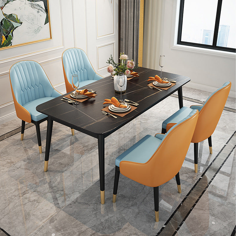 Stone Top Dining Table Contemporary Rectangle Table with 4 Black Legs Black 55.1"L x 31.5"W x 29.5"H Without Chairs Clearhalo 'Dining Tables & Seating' 'Dining Tables' 'dining_table' 'furn' 'furn_dining_table' 'Furniture' 'furniture_dining_table' 'Kitchen & Dining Furniture' 'kitchen' 'kitchen_dining_table' 4954419