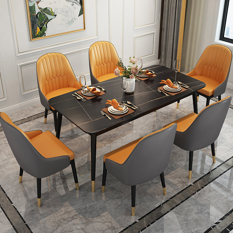 Stone Top Dining Table Contemporary Rectangle Table with 4 Black Legs Black 63"L x 31.5"W x 29.5"H Without Chairs Clearhalo 'Dining Tables & Seating' 'Dining Tables' 'dining_table' 'furn' 'furn_dining_table' 'Furniture' 'furniture_dining_table' 'Kitchen & Dining Furniture' 'kitchen' 'kitchen_dining_table' 4954422