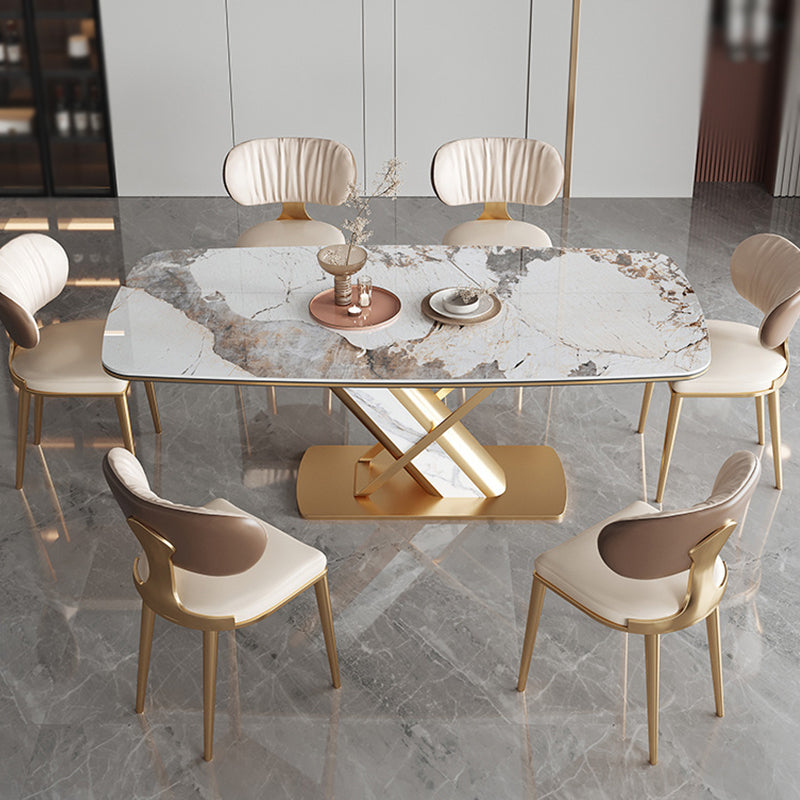 Stone Top Dining Table Traditional Luxury Rectangle Dining Table with Pedestal Base Gold Without Chairs Clearhalo 'Dining Tables & Seating' 'Dining Tables' 'dining_table' 'furn' 'furn_dining_table' 'Furniture' 'furniture_dining_table' 'Kitchen & Dining Furniture' 'kitchen' 'kitchen_dining_table' 4954433