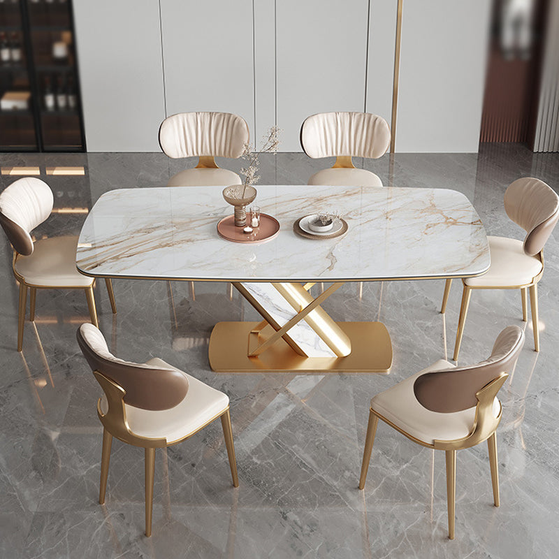 Stone Top Dining Table Traditional Luxury Rectangle Dining Table with Pedestal Base White 55.1"L x 31.5"W x 29.5"H Without Chairs Clearhalo 'Dining Tables & Seating' 'Dining Tables' 'dining_table' 'furn' 'furn_dining_table' 'Furniture' 'furniture_dining_table' 'Kitchen & Dining Furniture' 'kitchen' 'kitchen_dining_table' 4954434