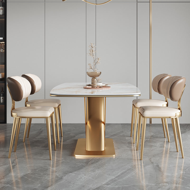 Stone Top Dining Table Traditional Luxury Rectangle Dining Table with Pedestal Base White Without Chairs Clearhalo 'Dining Tables & Seating' 'Dining Tables' 'dining_table' 'furn' 'furn_dining_table' 'Furniture' 'furniture_dining_table' 'Kitchen & Dining Furniture' 'kitchen' 'kitchen_dining_table' 4954436
